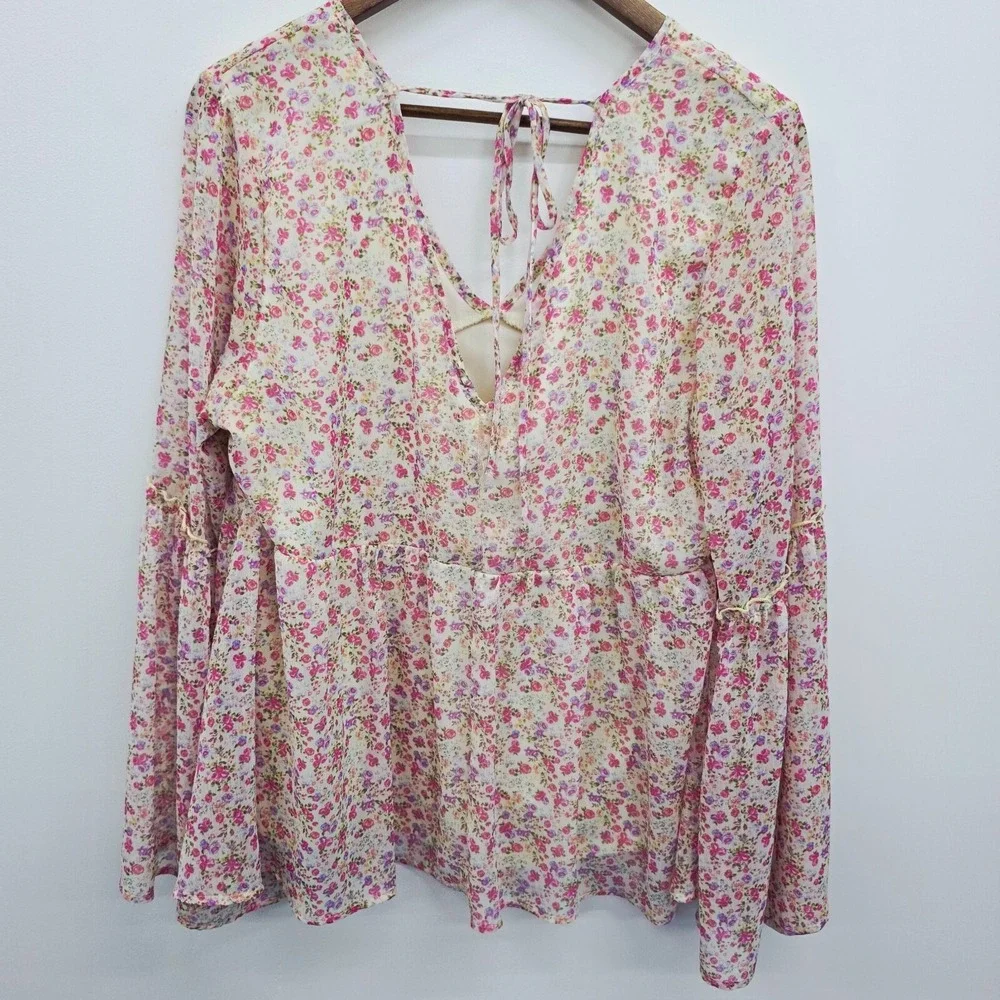 Pink Lily Floral Chiffon Babydoll Long‎ Bell Sleeve V Neck Top Womens L Boho
